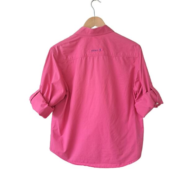 LAUREN Pink Button Down Camp Shirt Large Cotton Roll Tab Sleeve Pockets - Picture 9 of 11